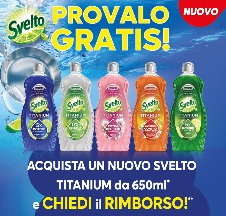 Immagine decorativa smartphone che spiega l'attività di cashback Svelto provalo gratis: Con l'acquisto di 1 prodotto Svelto Titanium da 650ml riceverai un rimborso fino al massimo di 3€. Puoi richiedere solo un rimborso.