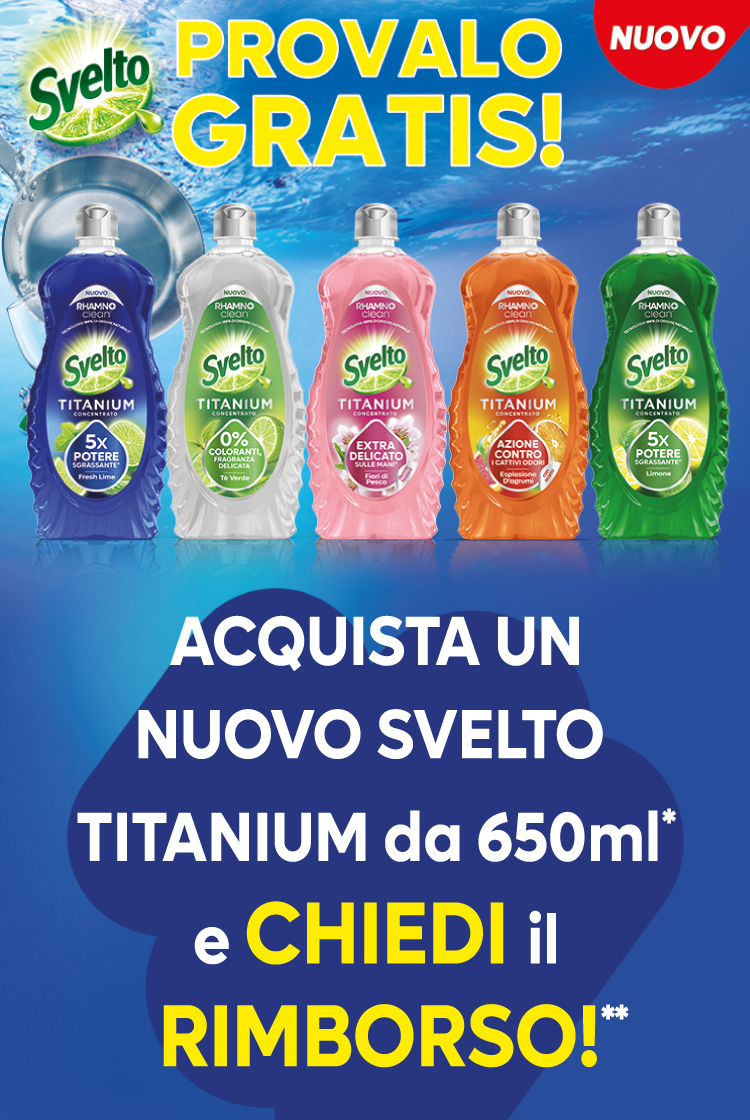 Immagine decorativa per smartphone che spiega l'attività di cashback Svelto provalo gratis: Con l'acquisto di 1 prodotto Svelto Titanium da 650ml riceverai un rimborso fino al massimo di 3€. Puoi richiedere solo un rimborso.